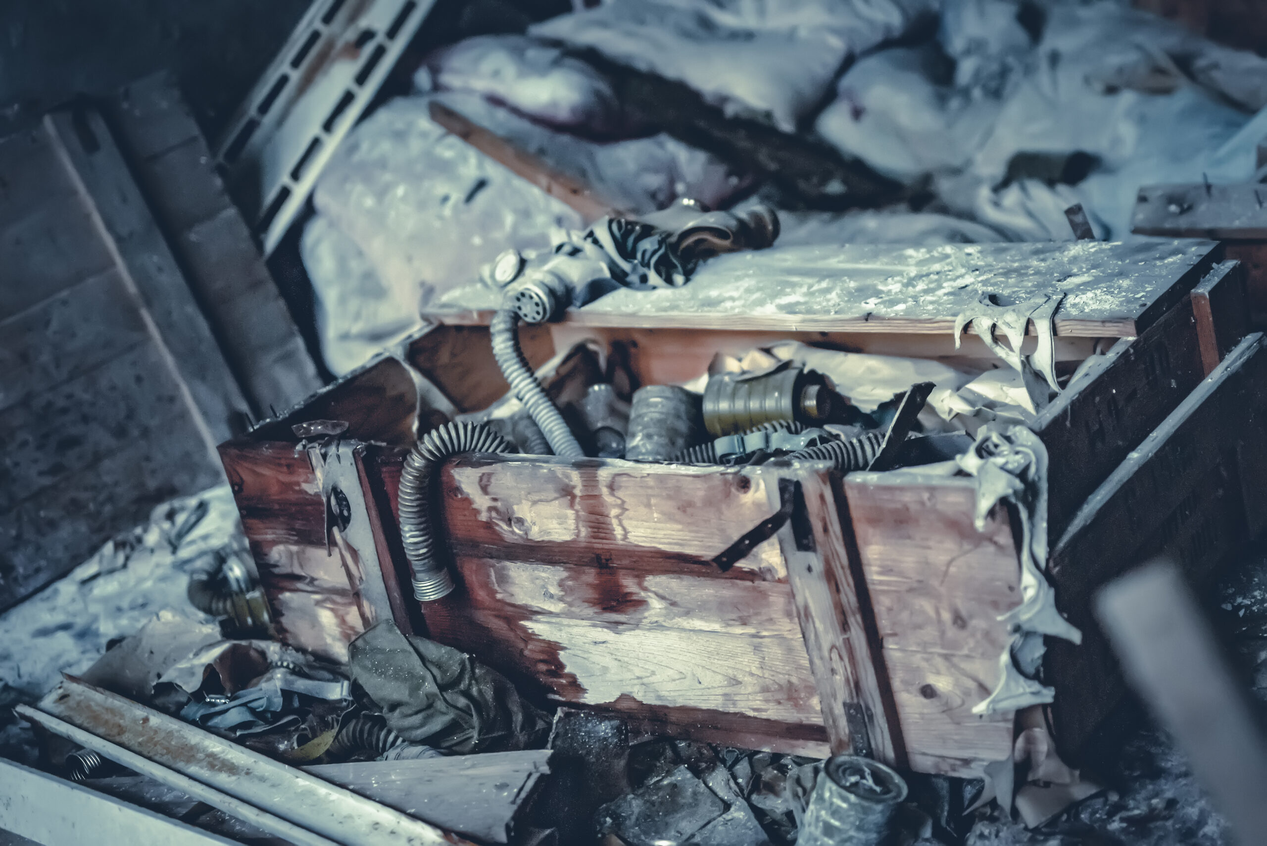 Box with Gas masks in school in Prypiat, Chernobyl Exclusion Zone, Ukraine
